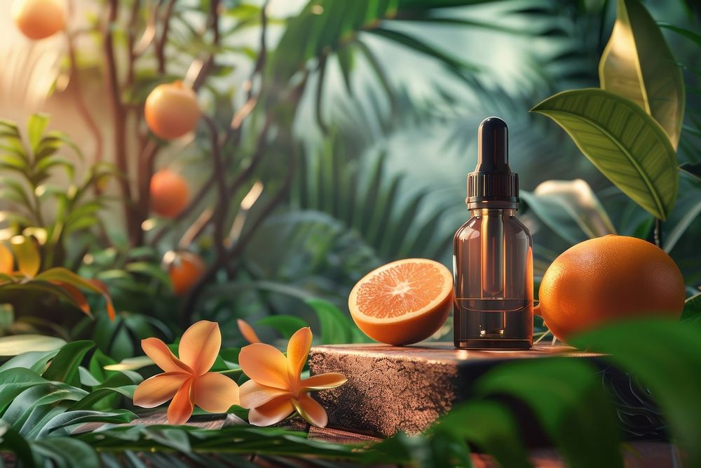 Photo of essential oil nature grapefruit cosmetics.