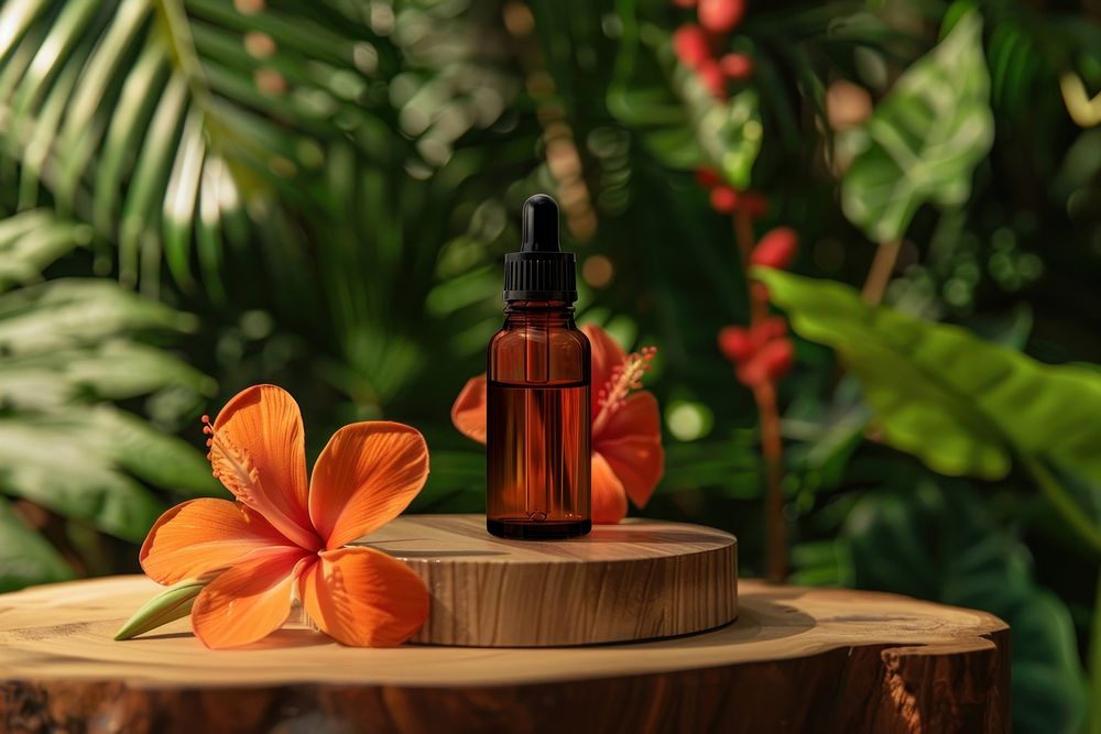 Photo of essential oil cosmetics perfume bottle.