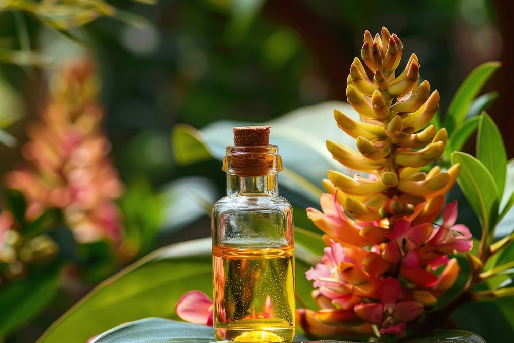 Photo of essential oil flower cosmetics beverage.