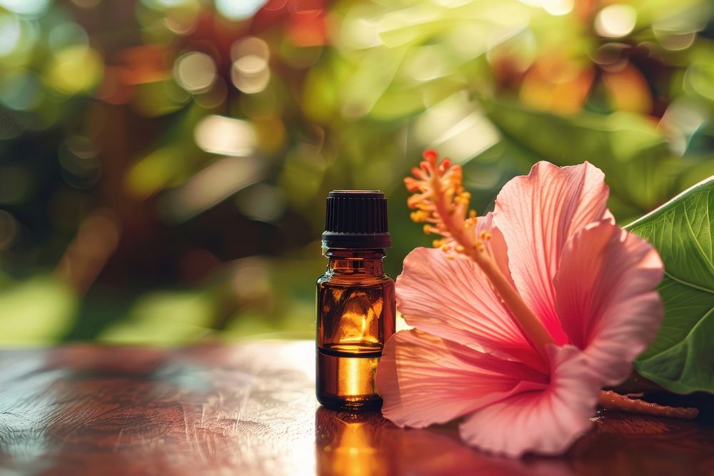 Photo of essential oil flower medication cosmetics.