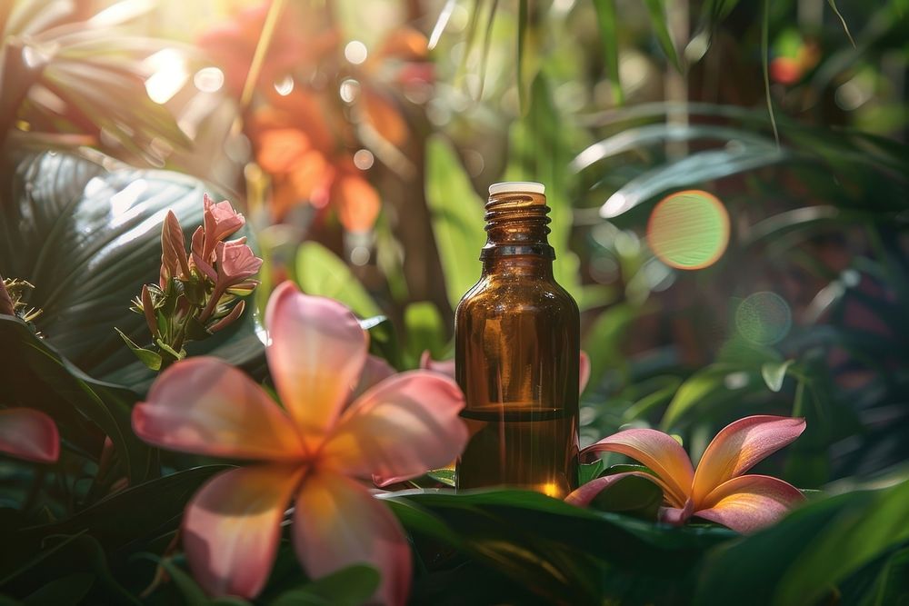 Photo of essential oil flower vegetation cosmetics.