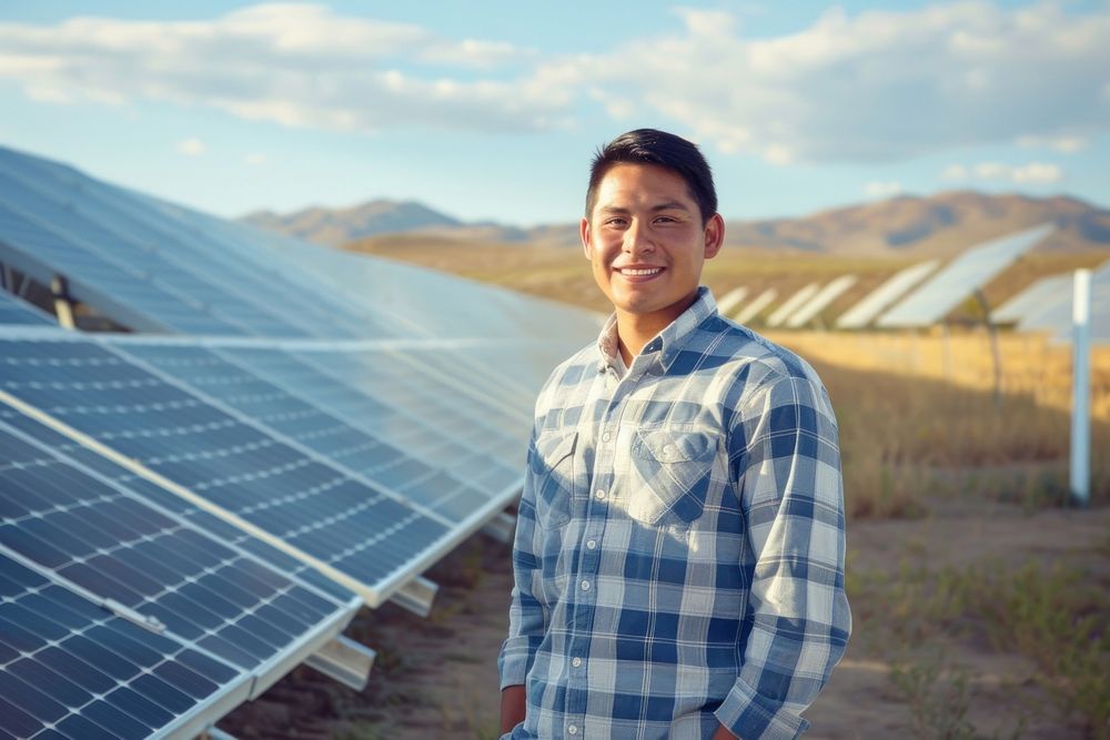 Photo of hispanic engineer solar panels outdoors person.