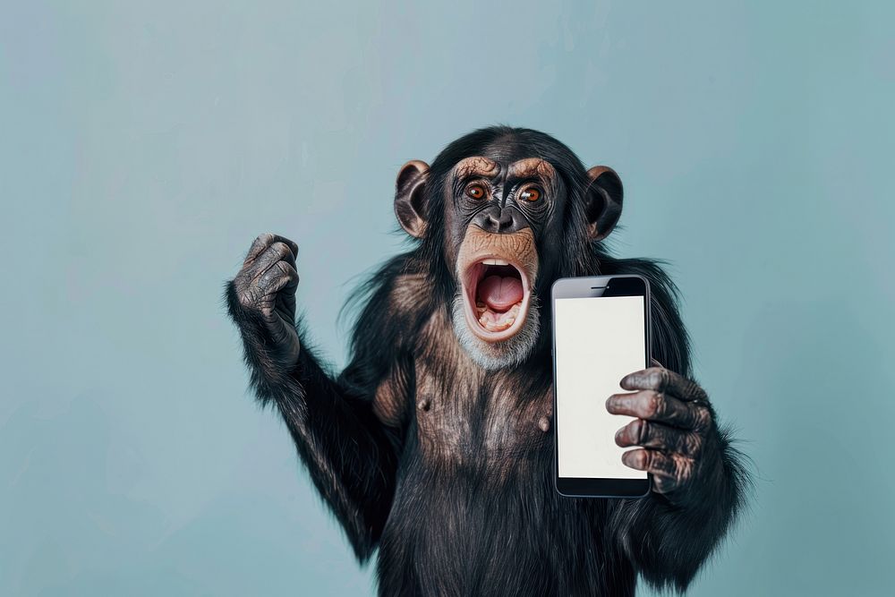 Photo of shocked chimpanzee surprised wildlife phone.