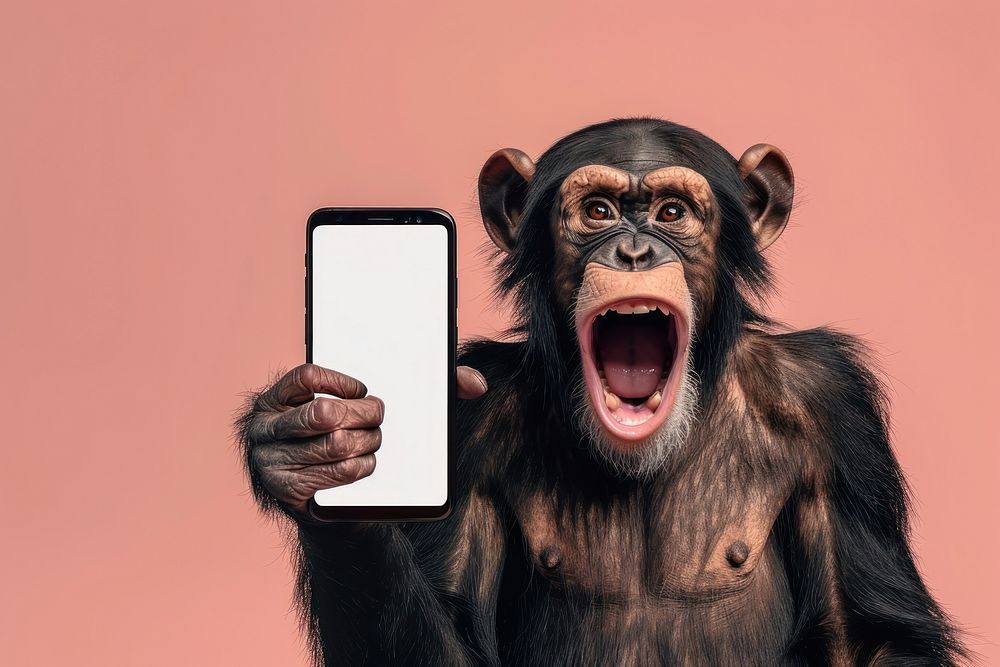 Photo of shocked chimpanzee wildlife phone face.