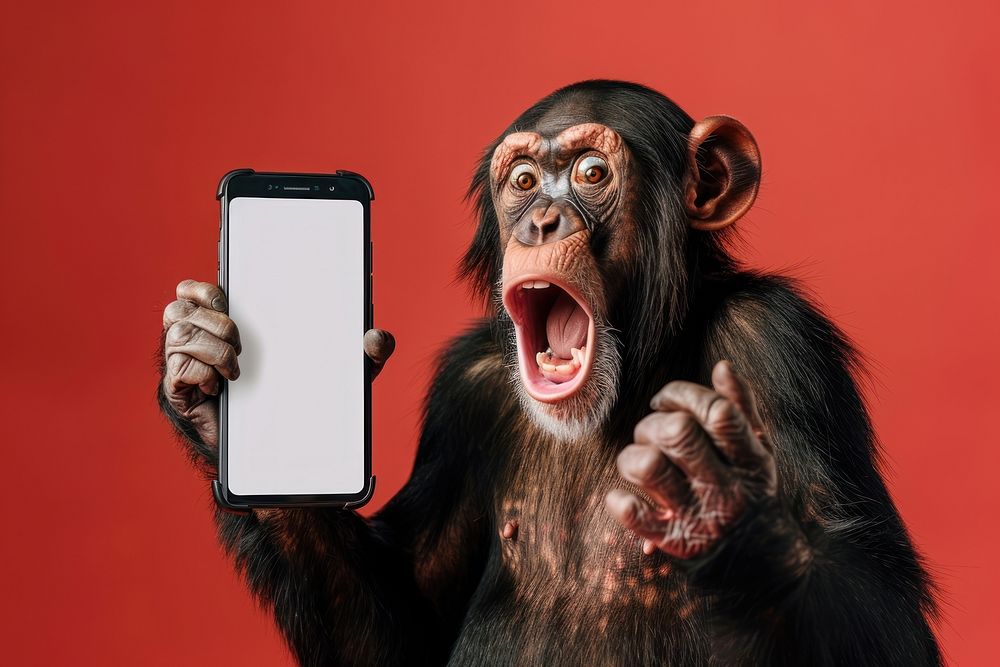 Photo of shocked chimpanzee surprised wildlife phone.