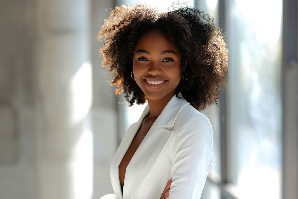 Photo of black business woman smile dimples person.