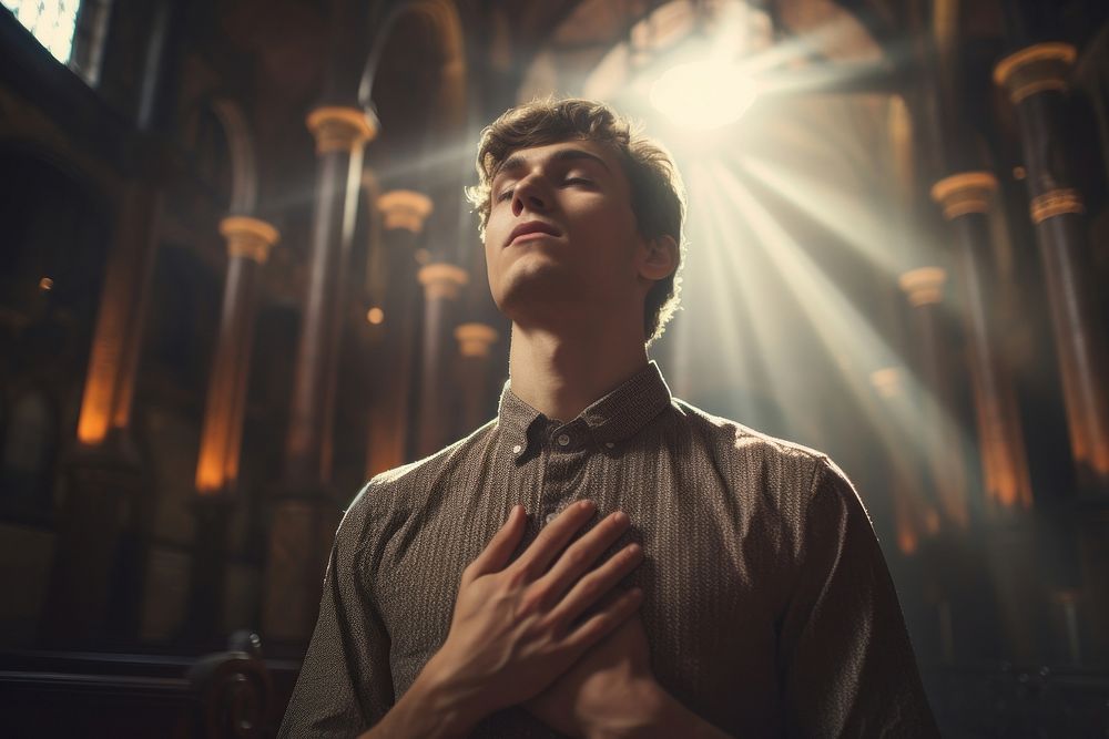 Praying in modern church man photography lighting.