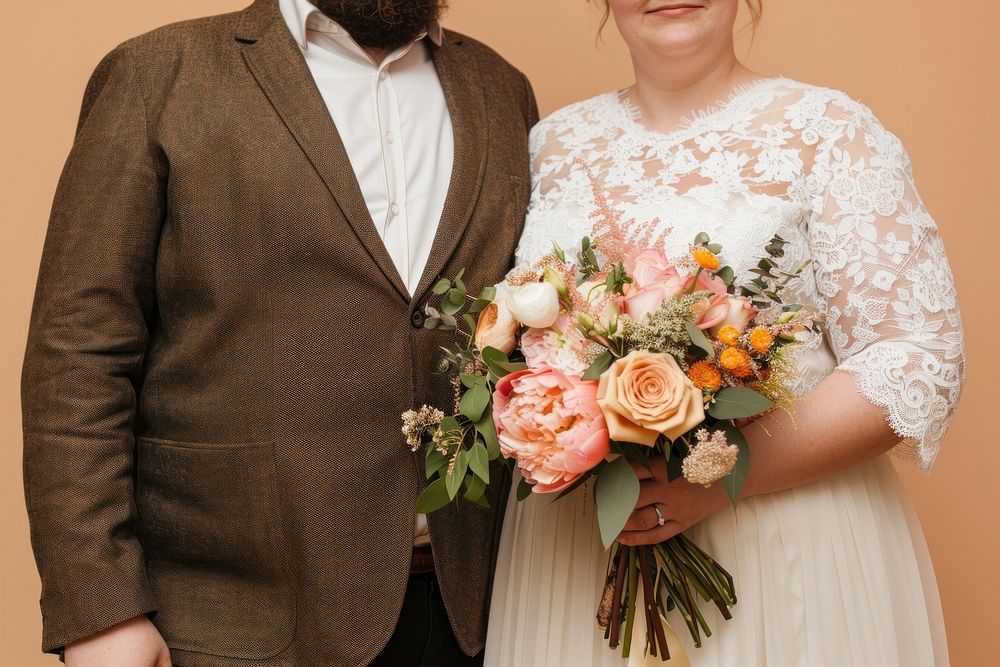 Chubby couple wearing a minimal wedding dress bridegroom clothing graphics.