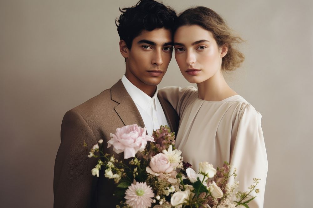 Young diversity couple wearing a minimal wedding dress photography bridegroom portrait.