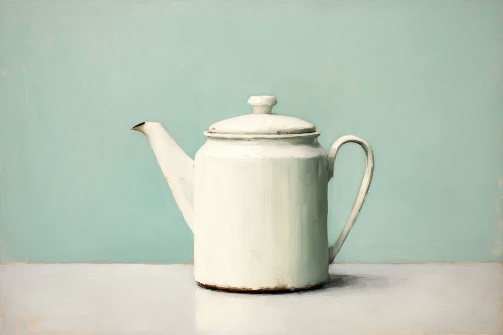 Oil painting of a close up on pale a ccoffee mug porcelain cookware beverage.