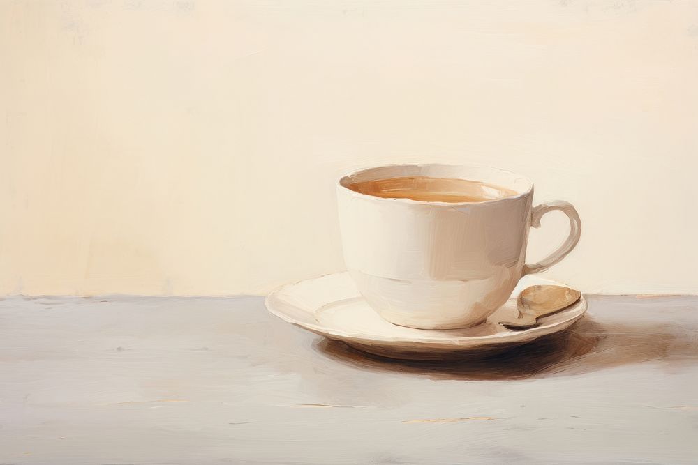 Oil painting of a close up on pale a ccoffee cup beverage saucer drink.