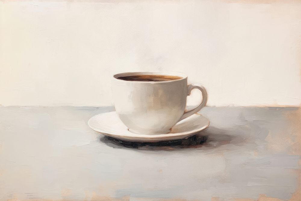 Oil painting of a close up on pale a ccoffee cup beverage saucer drink.