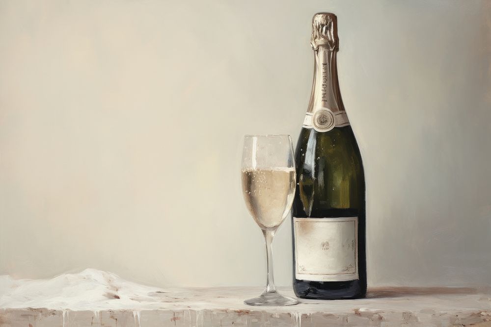 Oil painting of a close up on pale a champagne bottle countryside cosmetics.