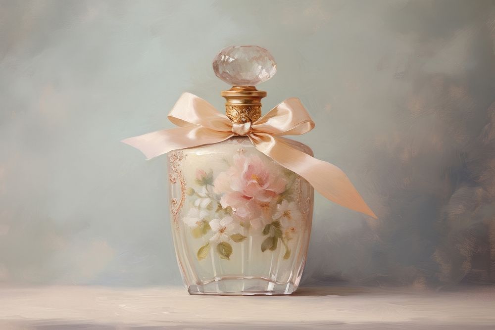 Close up on pale perfume bottle cosmetics blossom flower.