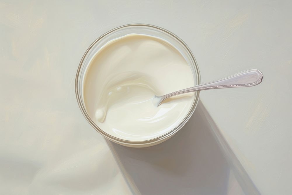 Close up on pale milk beverage dessert cutlery.
