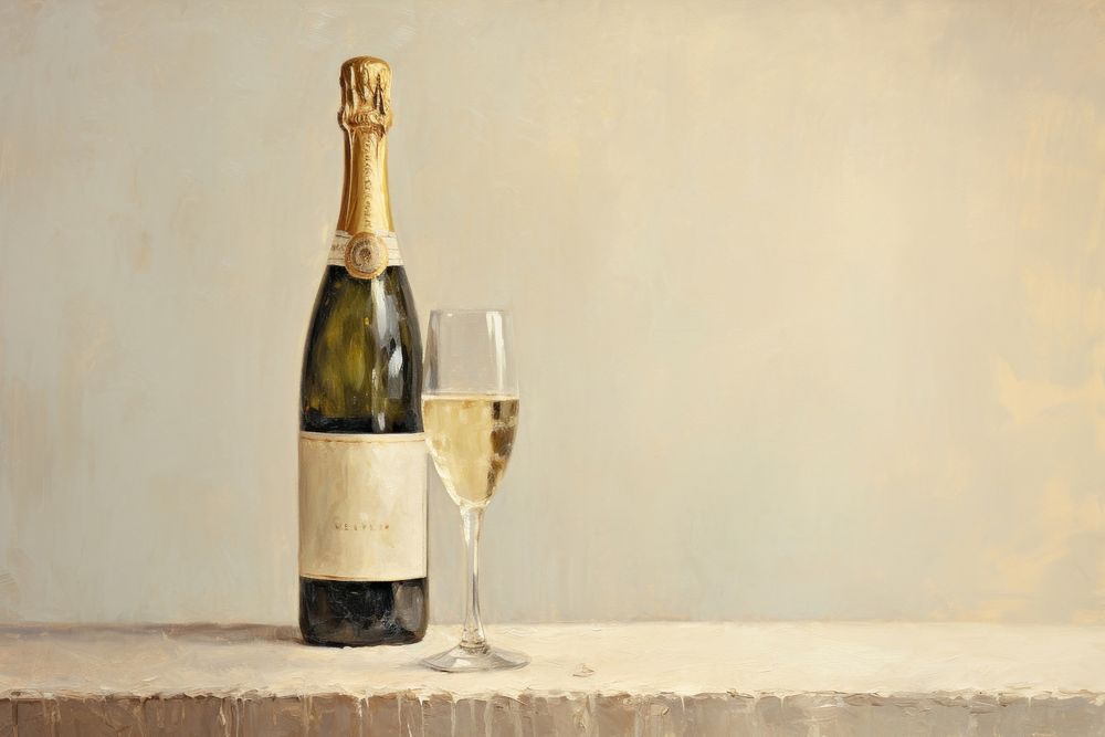 Oil painting of a close up on pale a champagne bottle countryside cosmetics.