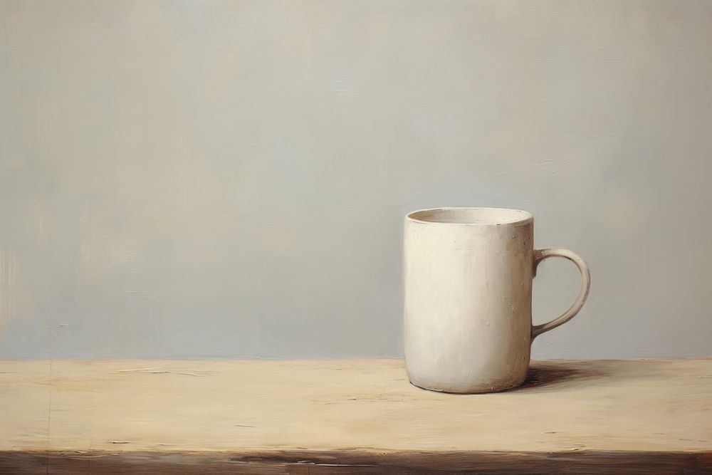 Oil painting of a close up on pale a ccoffee mug beverage drink cup.