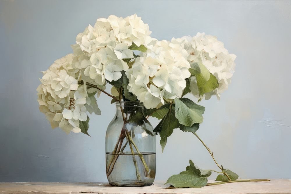 A close up on pale hydrangeas in a vase painting geranium graphics.