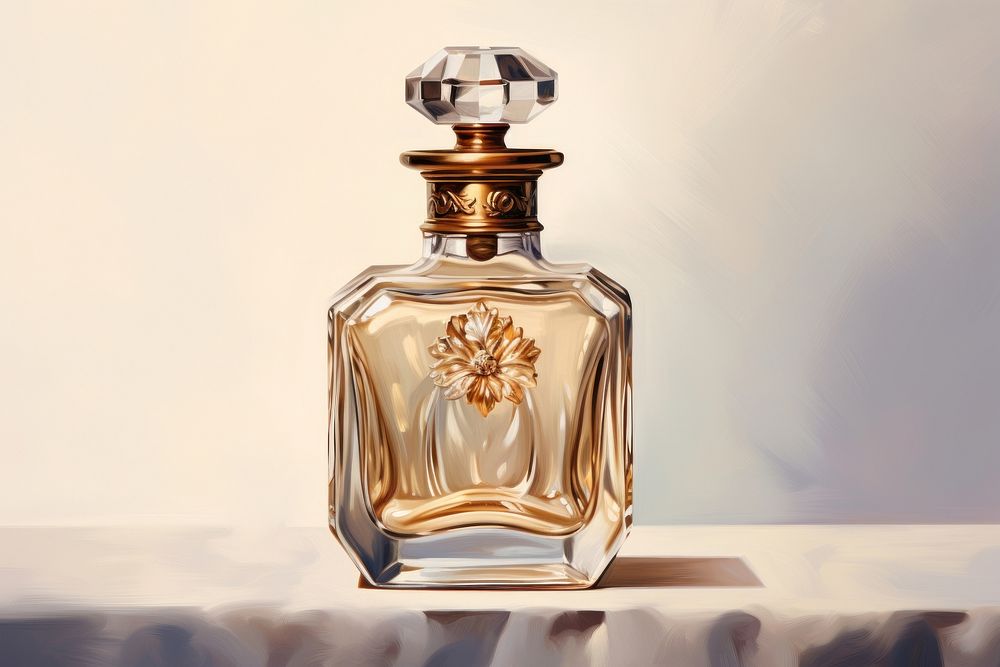 Close up on pale perfume bottle cosmetics.