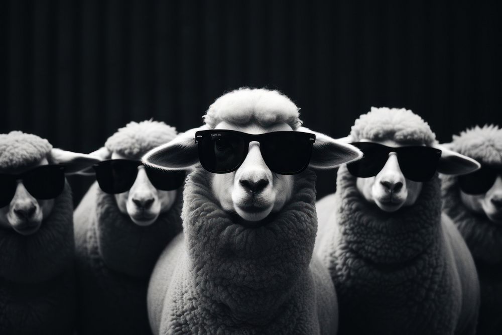 Sheeps walking in the garden but a sheep in the middle wearing sunglasses accessories accessory livestock.