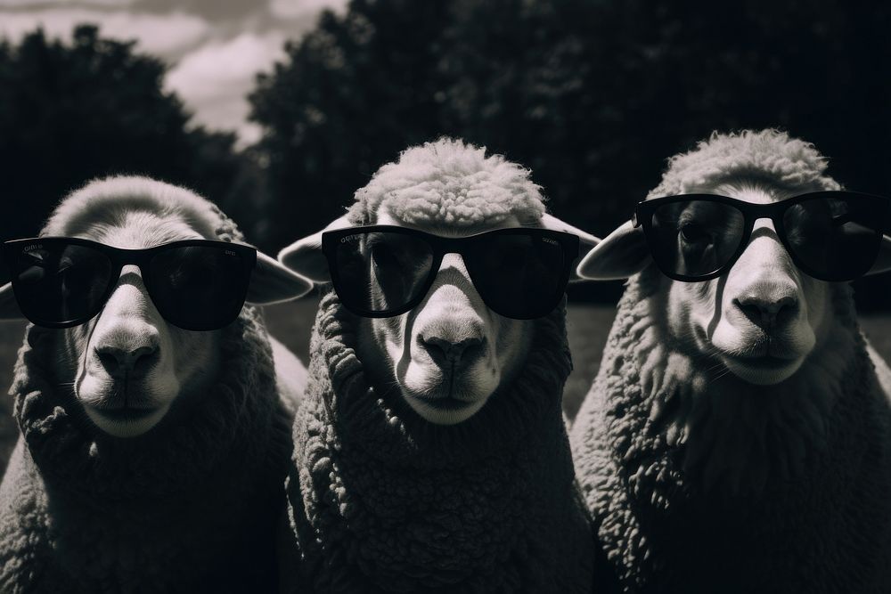 Sheeps walking in the garden but a sheep in the middle wearing sunglasses photography accessories accessory.
