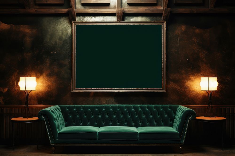 Blank frame mockup couch architecture blackboard.