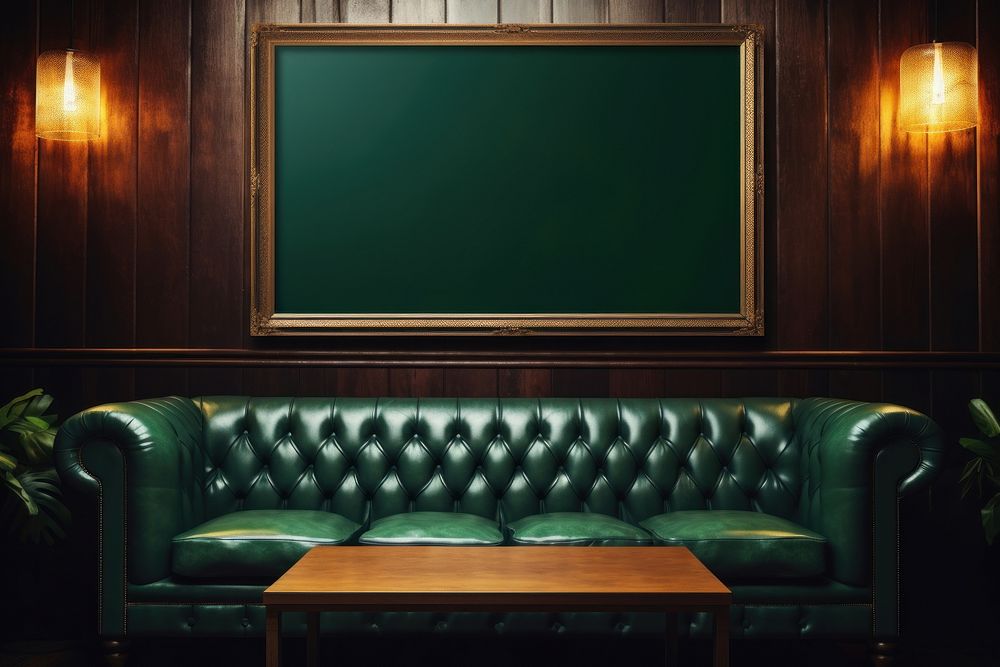 Blank frame mockup couch architecture blackboard.