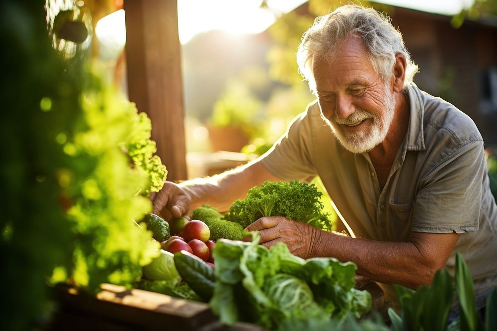 A senior man picking up fresh vegetable gardening outdoors gardener.