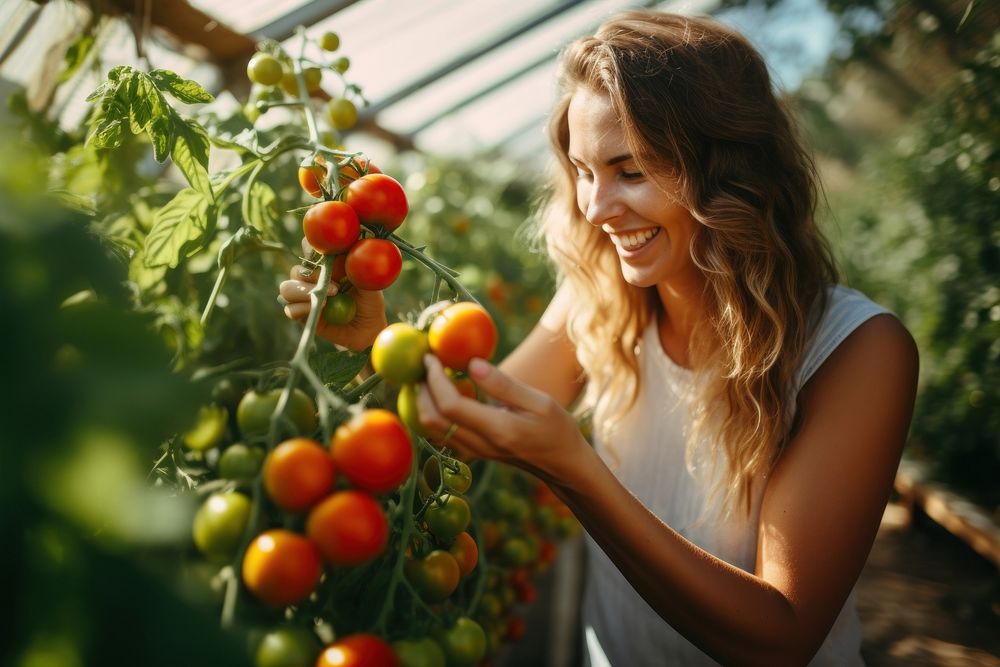 A woman picking up fresh tomatoes in the greenhouse countryside gardening outdoors.