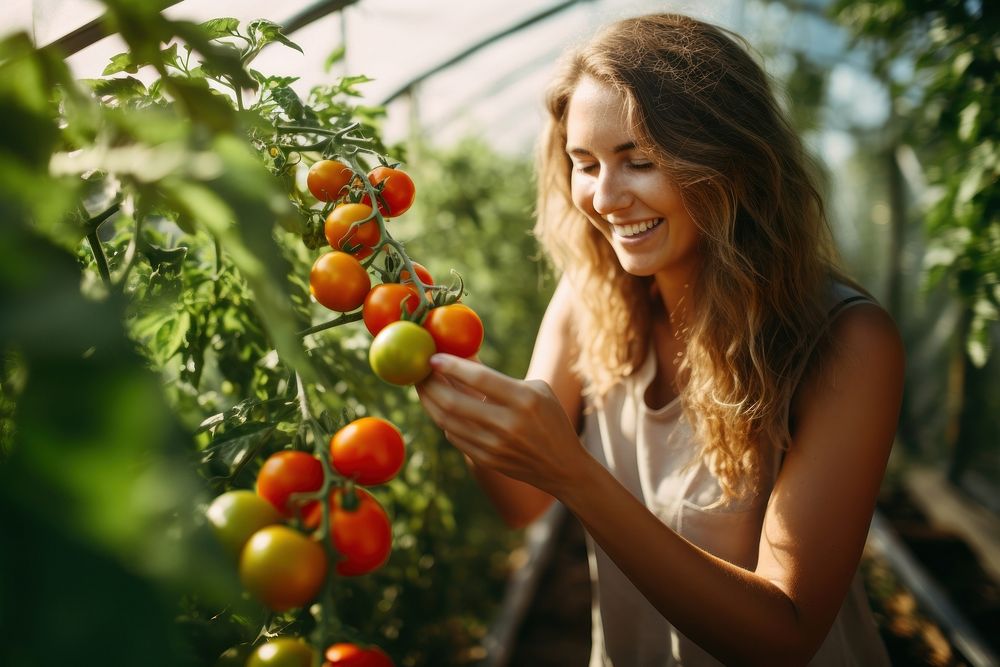 A woman picking up fresh tomatoes in the greenhouse countryside gardening outdoors.