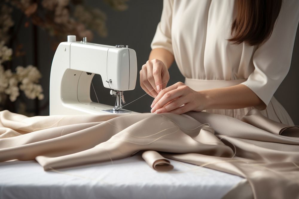 Woman sewing fabric machine appliance female.