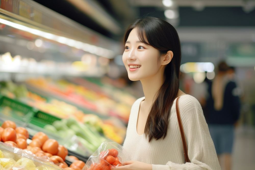 Koren woman is choosing healthy foods in supermarkets indoors person female.