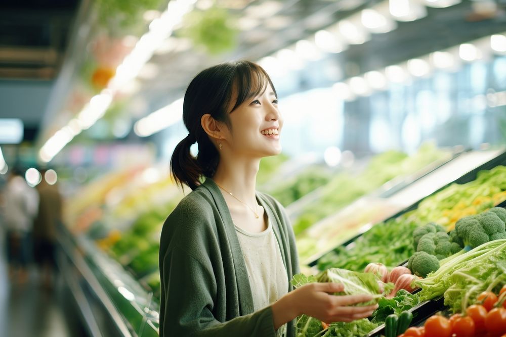 Koren woman is choosing healthy foods in supermarkets accessories accessory necklace.