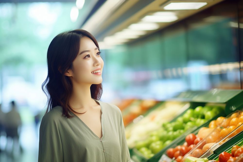 Koren woman is choosing healthy foods in supermarkets person female happy.