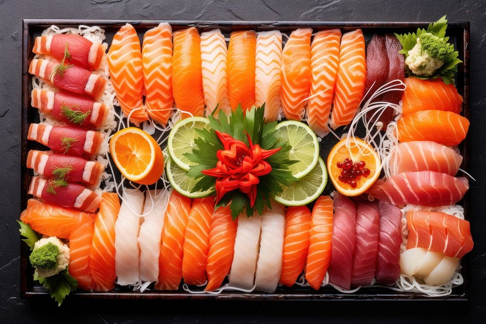 Sushi salmon seafood food presentation.