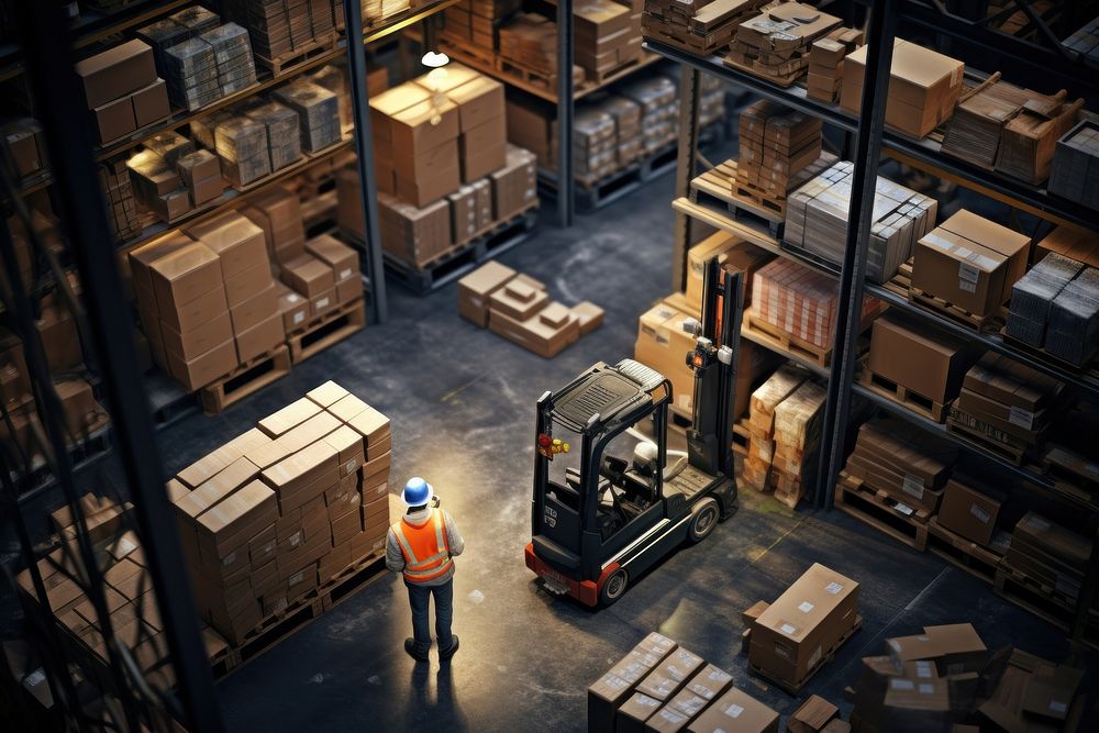 A worker in a warehouse architecture cardboard building.