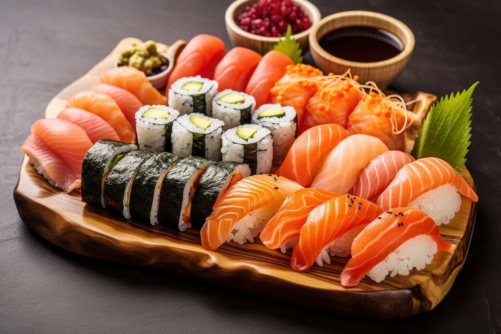 Sushi produce seafood grain.