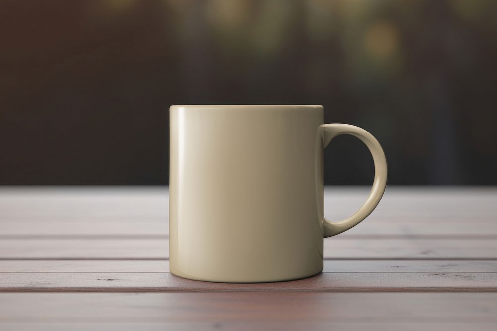 Beige coffee mug on wooden table