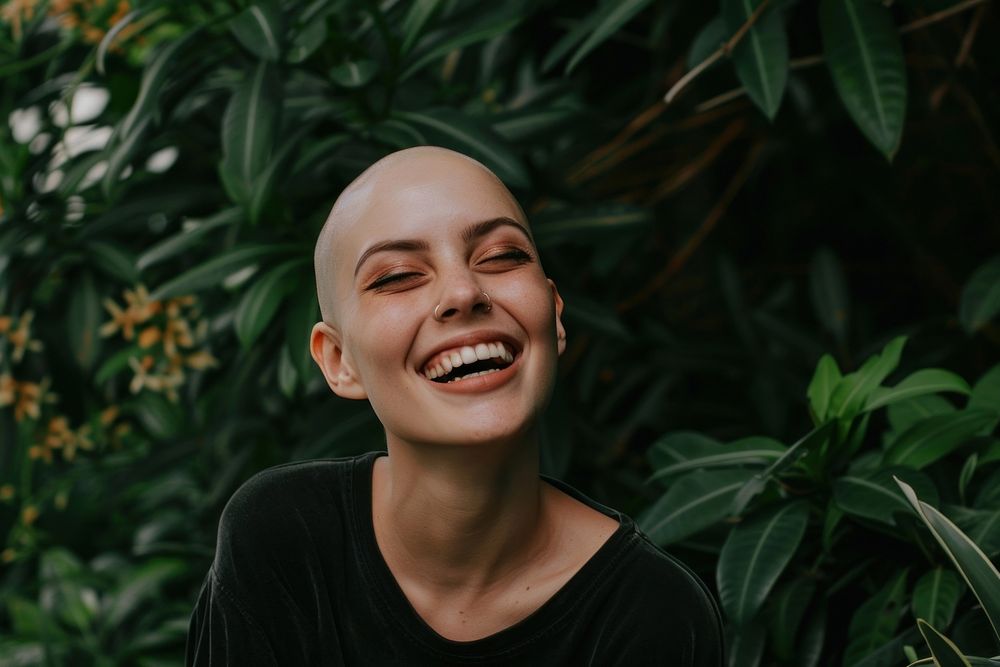 Bald woman laughing person female happy.