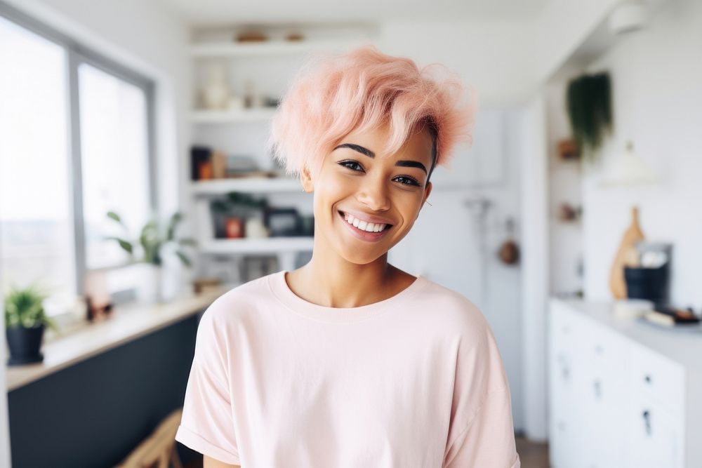 A black woman with white casual home attire mockup and bright hair color smiling female person adult.