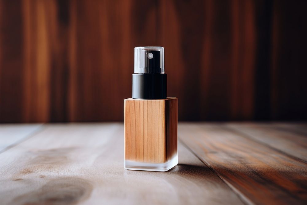 A cosmetic wooden bottle with white lable on wooden table cosmetics perfume nail polish.