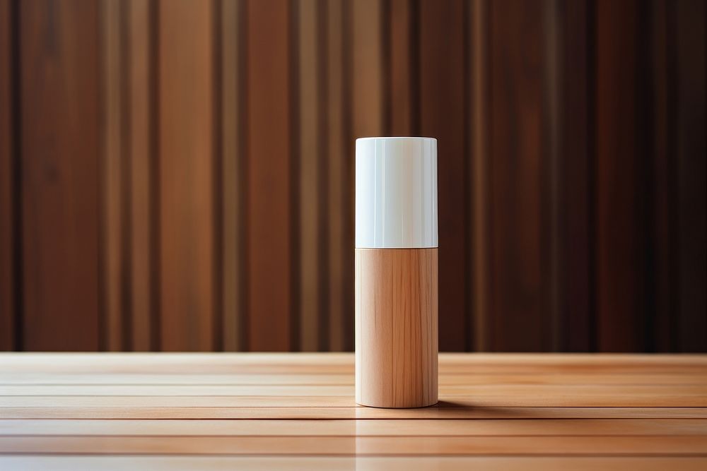 A cosmetic wooden bottle with white lable on wooden table cylinder hardwood indoors.