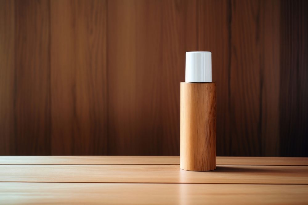 A cosmetic wooden bottle with white lable on wooden table cosmetics cylinder lipstick.