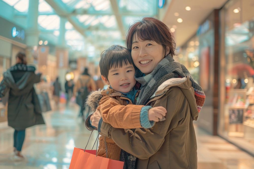 Happy japanese boy and mom shopping shopping mall accessories.