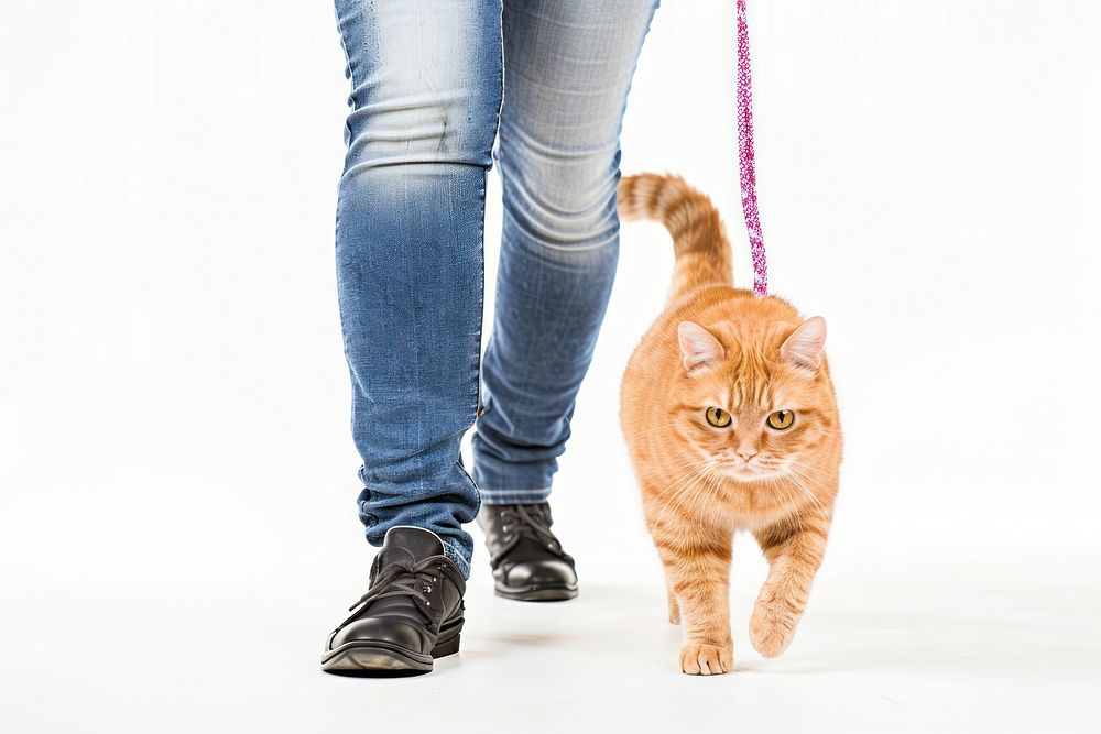 A woman is walking her orange cute cat accessories accessory clothing.