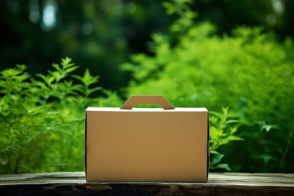 Cardboard food box with handles green briefcase baggage.