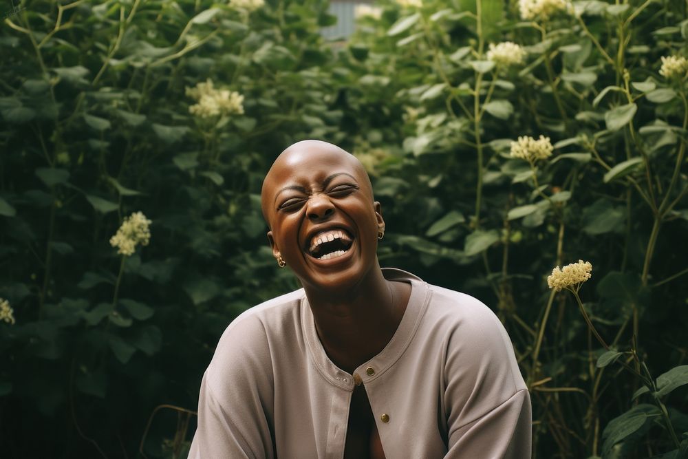 Bald black woman laughing person happy human.