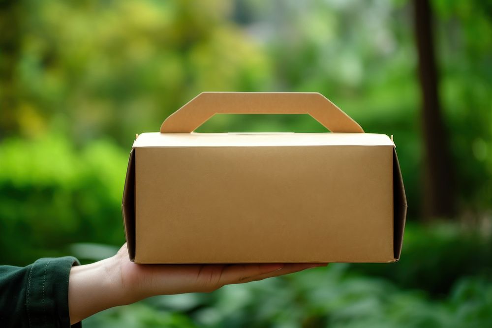 Hand holding cardboard food box with handles package carton person.