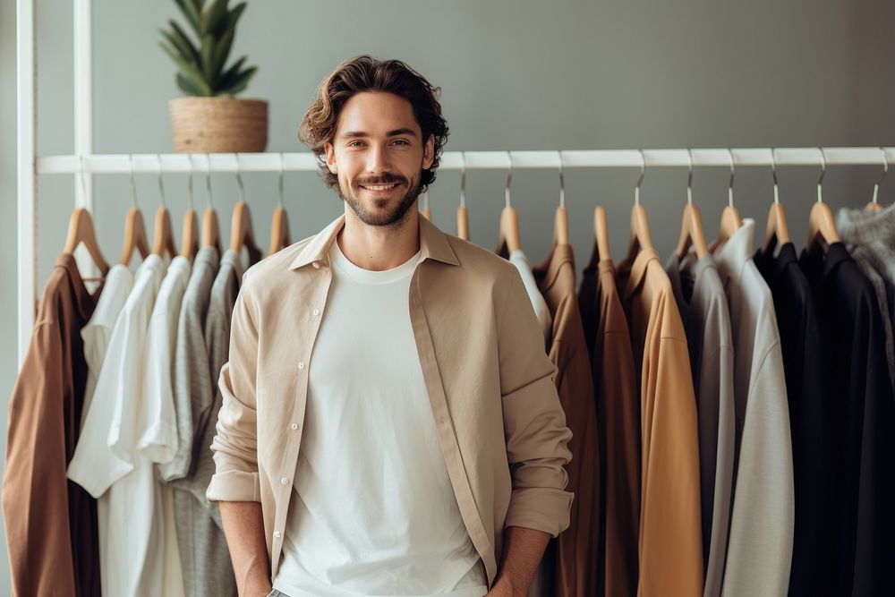 Smiling male standing near hangers with brand wear dimples person human.