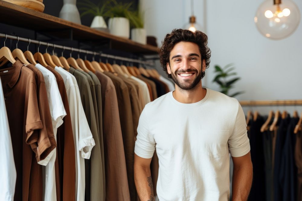 Smiling male standing near hangers with brand wear clothing apparel t-shirt.